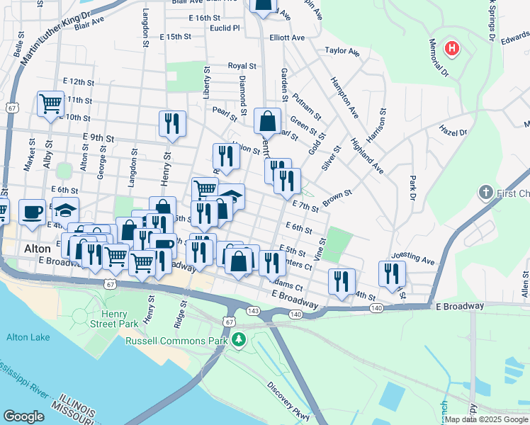 map of restaurants, bars, coffee shops, grocery stores, and more near 1000 East 6th Street in Alton