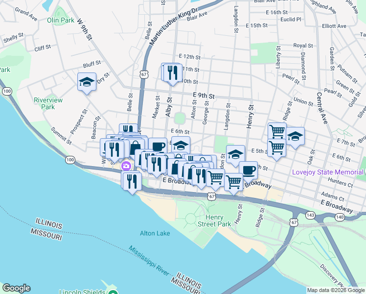 map of restaurants, bars, coffee shops, grocery stores, and more near 200 East 4th Street in Alton