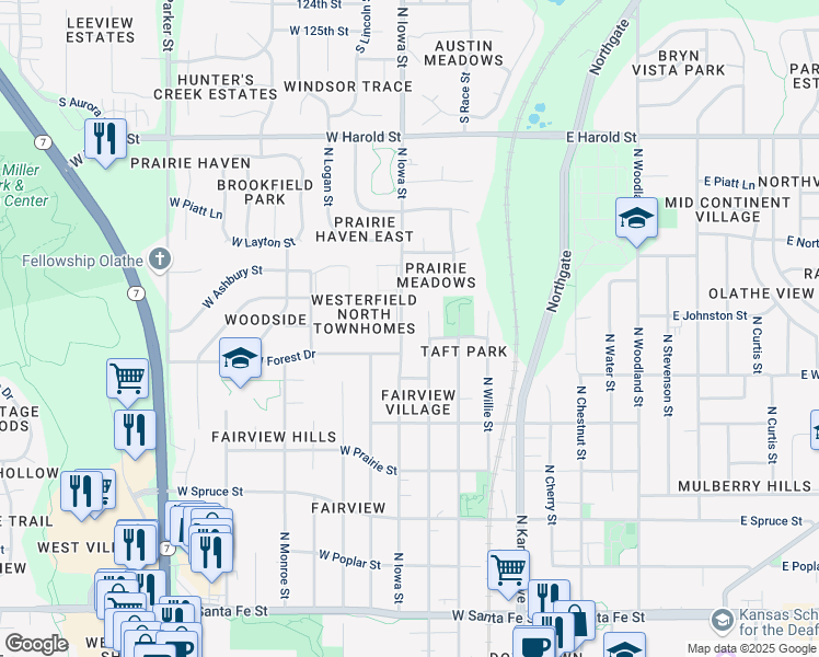 map of restaurants, bars, coffee shops, grocery stores, and more near 801 North Iowa Street in Olathe