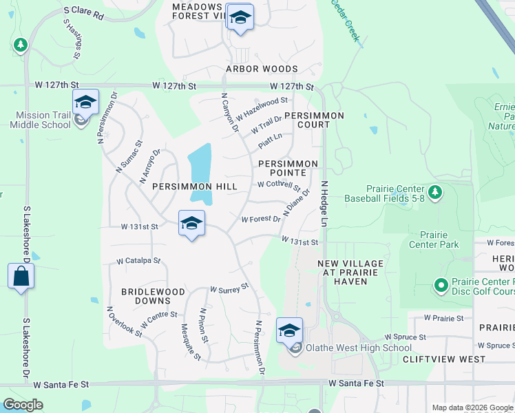 map of restaurants, bars, coffee shops, grocery stores, and more near 2310 West Forest Drive in Olathe