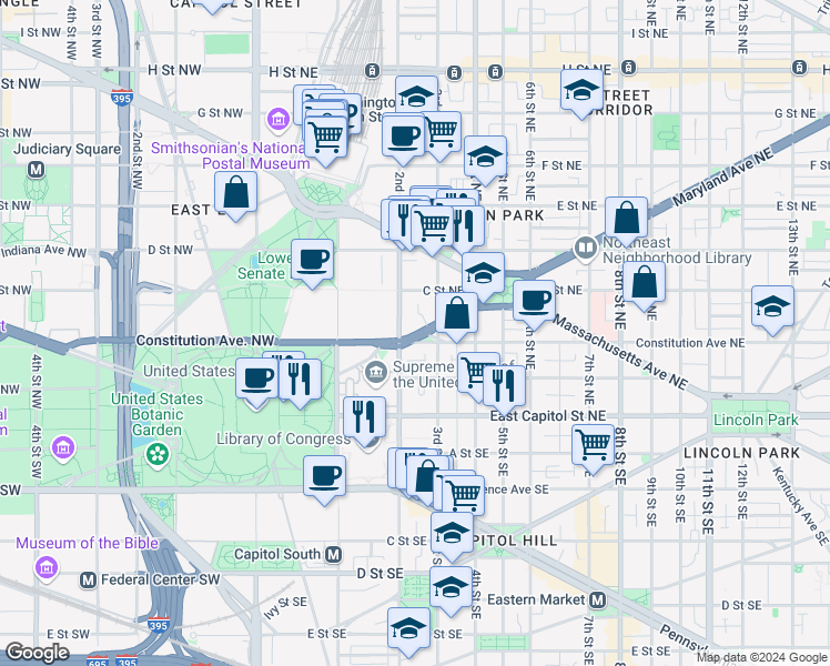 map of restaurants, bars, coffee shops, grocery stores, and more near 240 Maryland Avenue Northeast in Washington