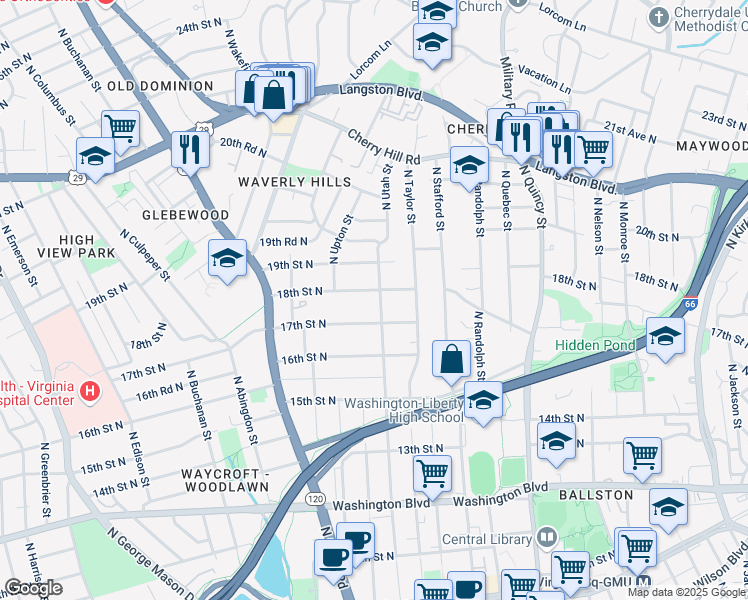 map of restaurants, bars, coffee shops, grocery stores, and more near 1718 North Utah Street in Arlington