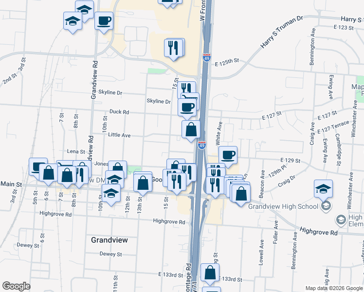 map of restaurants, bars, coffee shops, grocery stores, and more near 1508 Thomas Avenue in Grandview