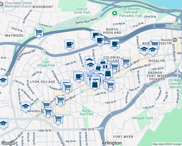 map of restaurants, bars, coffee shops, grocery stores, and more near 2300 Key Boulevard in Arlington