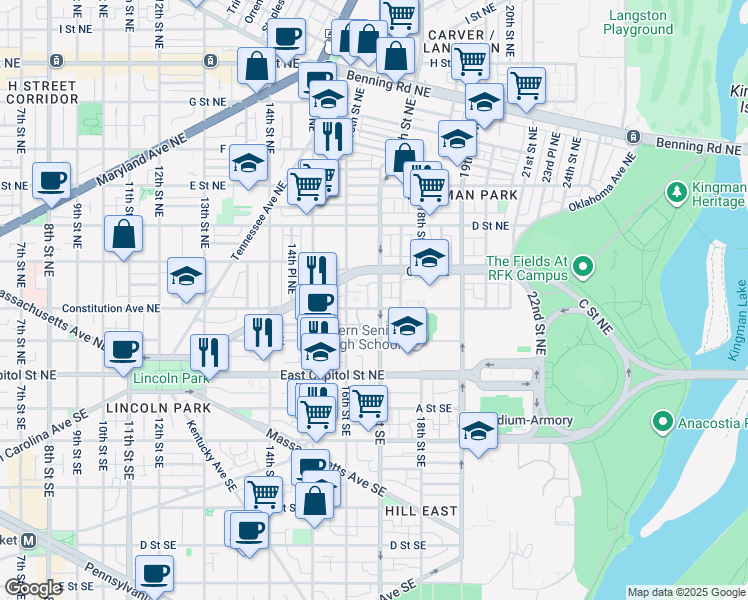 map of restaurants, bars, coffee shops, grocery stores, and more near 206 17th Street Northeast in Washington
