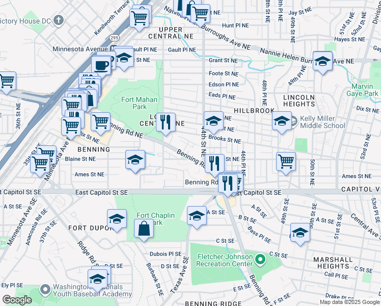 map of restaurants, bars, coffee shops, grocery stores, and more near 4256 Benning Road Northeast in Washington