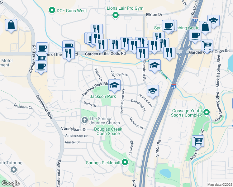 map of restaurants, bars, coffee shops, grocery stores, and more near 4340 Edwinstowe Avenue in Colorado Springs