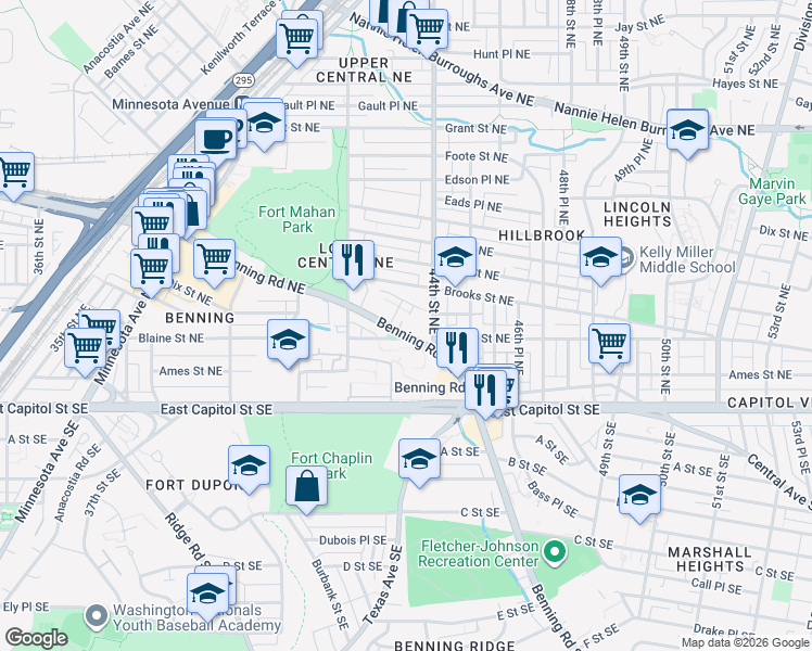 map of restaurants, bars, coffee shops, grocery stores, and more near 4256 Benning Road Northeast in Washington