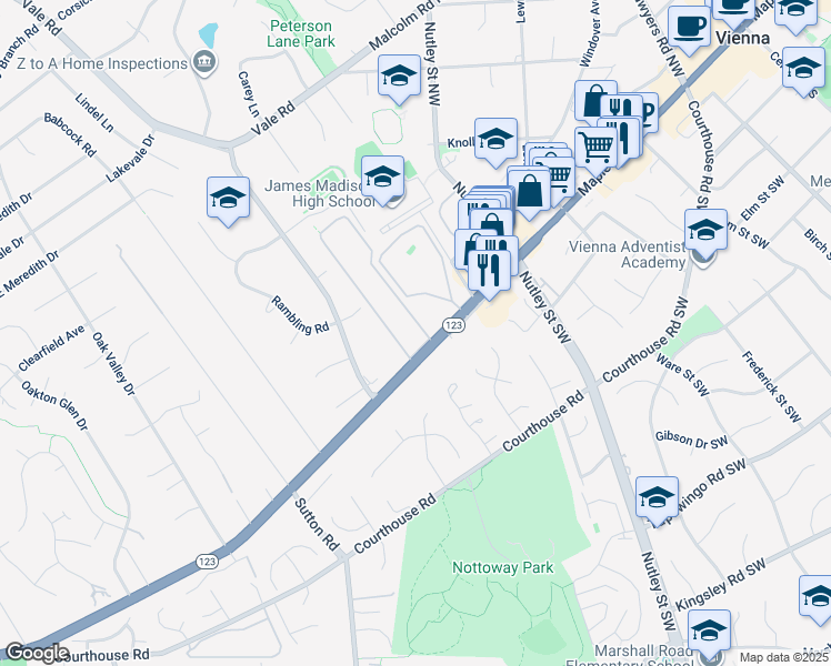 map of restaurants, bars, coffee shops, grocery stores, and more near 2700 Glengyle Drive in Vienna