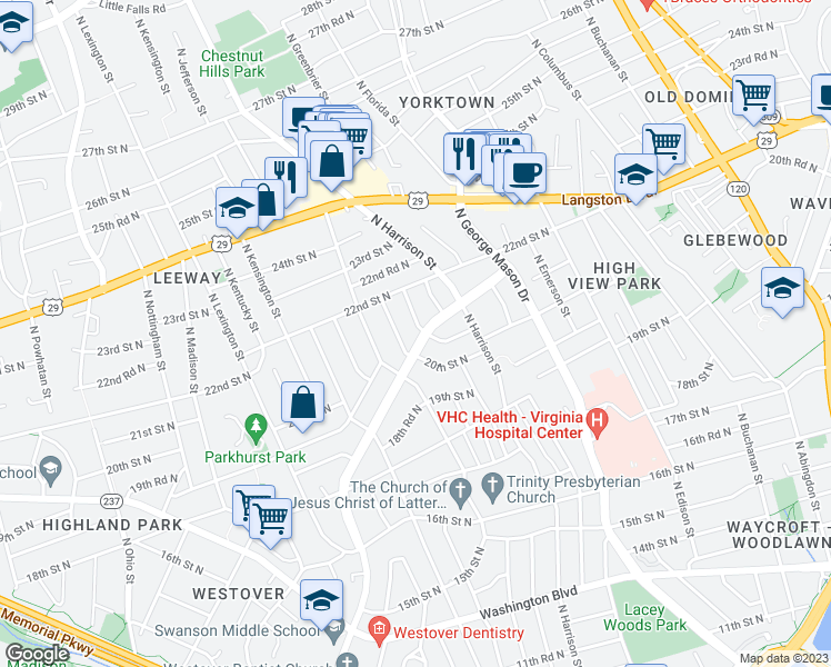 map of restaurants, bars, coffee shops, grocery stores, and more near 2016 Patrick Henry Drive in Arlington