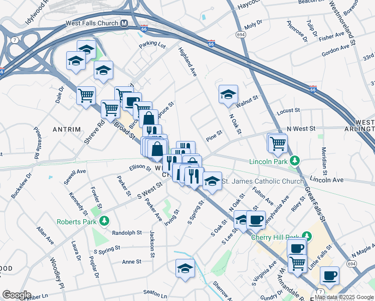 map of restaurants, bars, coffee shops, grocery stores, and more near 1001 Jennifer Lane in Falls Church
