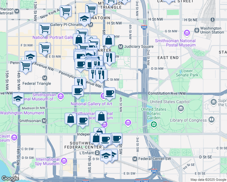 map of restaurants, bars, coffee shops, grocery stores, and more near Constitution Avenue Northwest in Washington