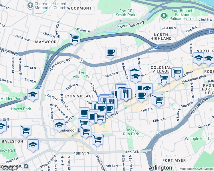 map of restaurants, bars, coffee shops, grocery stores, and more near 2602 Key Boulevard in Arlington