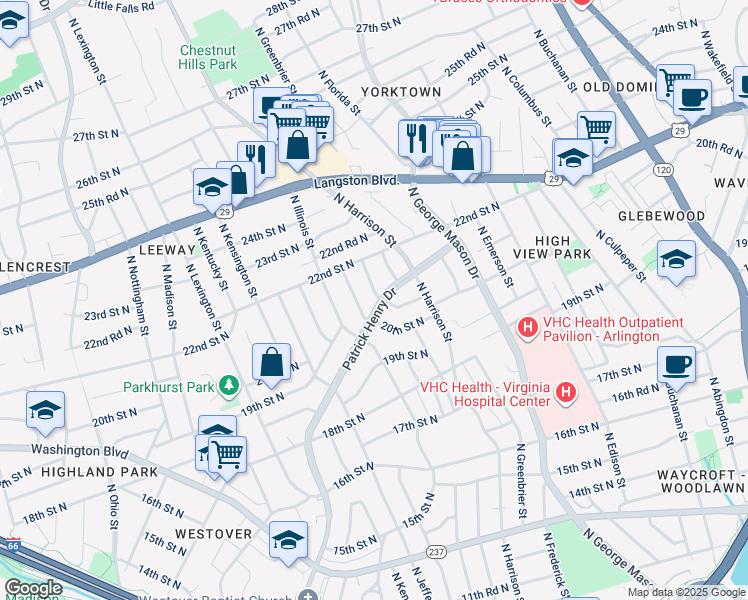 map of restaurants, bars, coffee shops, grocery stores, and more near 2016 Patrick Henry Drive in Arlington