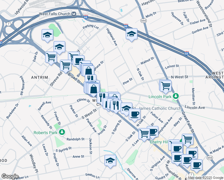 map of restaurants, bars, coffee shops, grocery stores, and more near 1001 Jennifer Lane in Falls Church