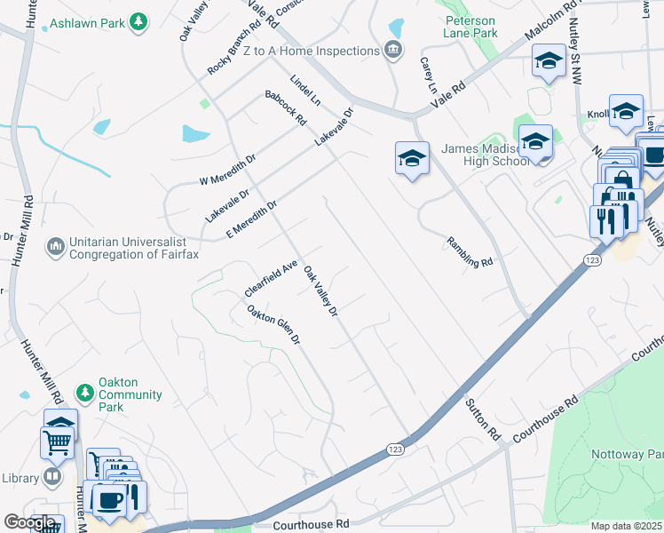 map of restaurants, bars, coffee shops, grocery stores, and more near 9906 Dale Ridge Court in Vienna