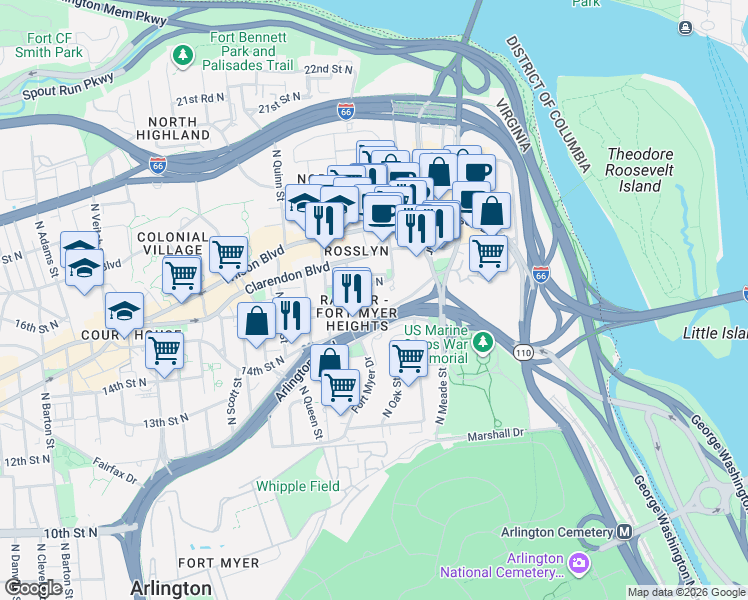map of restaurants, bars, coffee shops, grocery stores, and more near 101 Independence Avenue Southeast in Washington