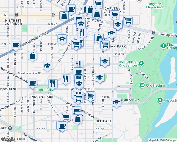 map of restaurants, bars, coffee shops, grocery stores, and more near 101 Independence Avenue Southeast in Washington