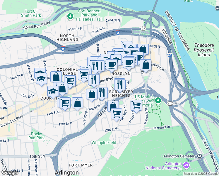 map of restaurants, bars, coffee shops, grocery stores, and more near 1615 North Queen Street in Arlington