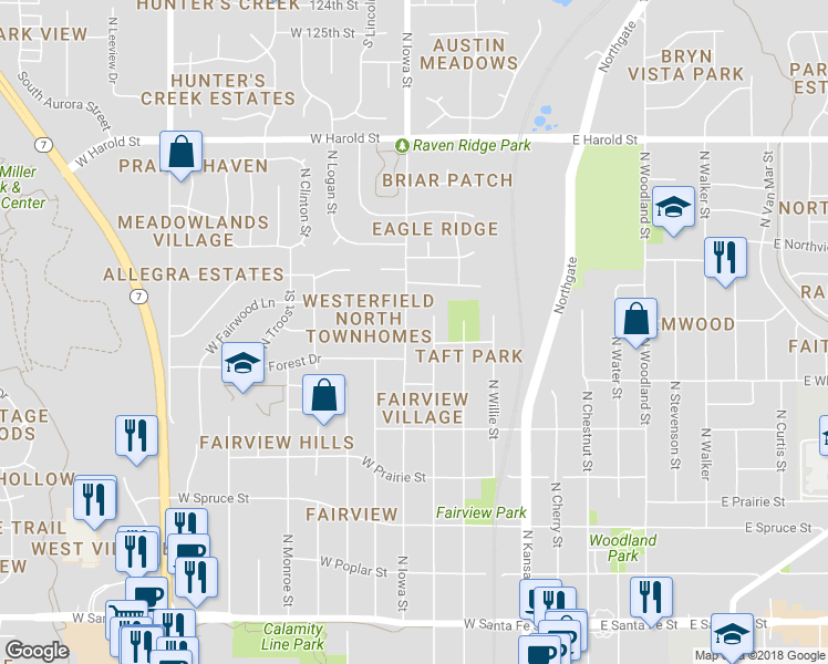 map of restaurants, bars, coffee shops, grocery stores, and more near 801 North Iowa Street in Olathe