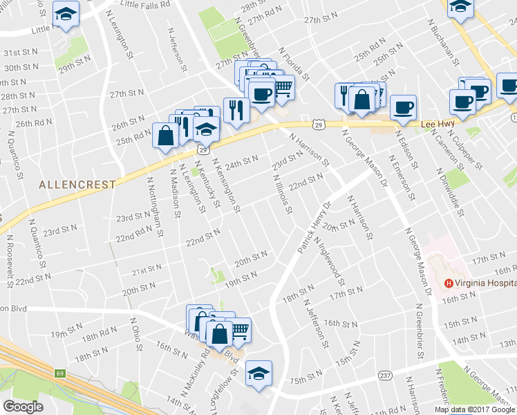 map of restaurants, bars, coffee shops, grocery stores, and more near 2105 North Kenilworth Street in Arlington