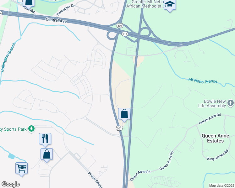 map of restaurants, bars, coffee shops, grocery stores, and more near 127 Crain Highway in Upper Marlboro