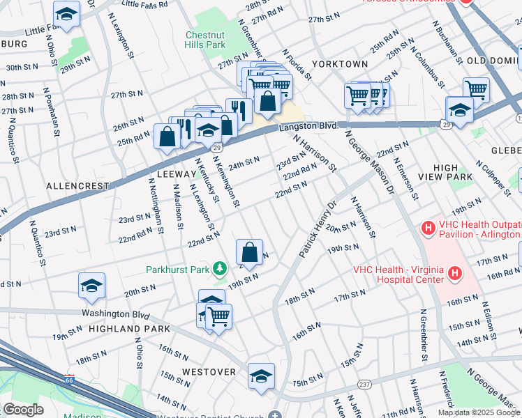 map of restaurants, bars, coffee shops, grocery stores, and more near 2105 North Kenilworth Street in Arlington