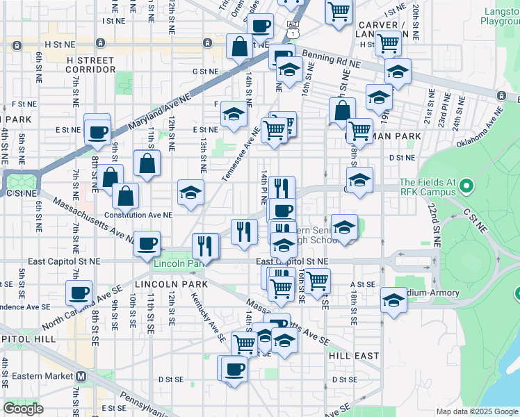 map of restaurants, bars, coffee shops, grocery stores, and more near 1414 North Carolina Avenue Northeast in Washington