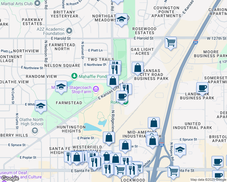 map of restaurants, bars, coffee shops, grocery stores, and more near 790 North Ridgeview Road in Olathe