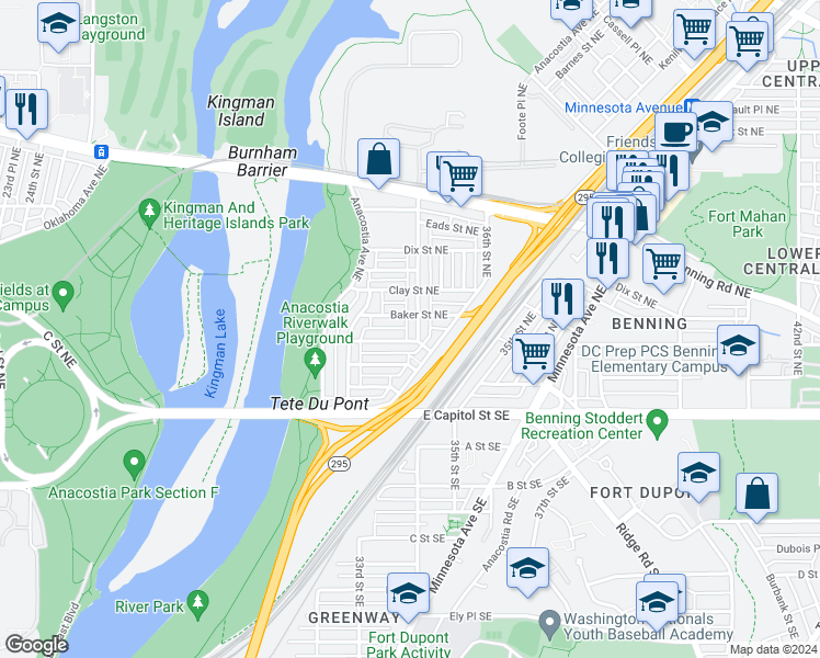 map of restaurants, bars, coffee shops, grocery stores, and more near 210 34th Street Northeast in Washington