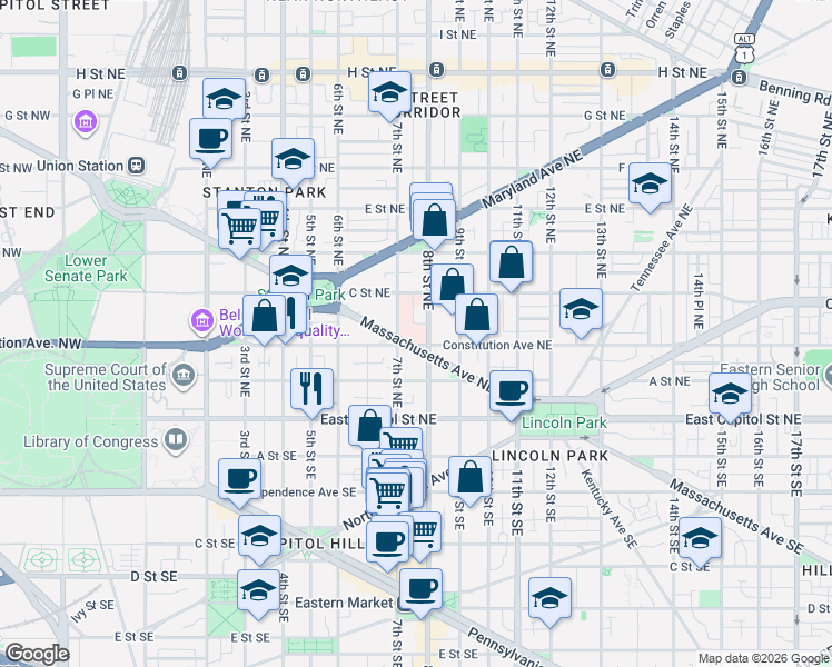 map of restaurants, bars, coffee shops, grocery stores, and more near 700 Constitution Avenue Northeast in Washington
