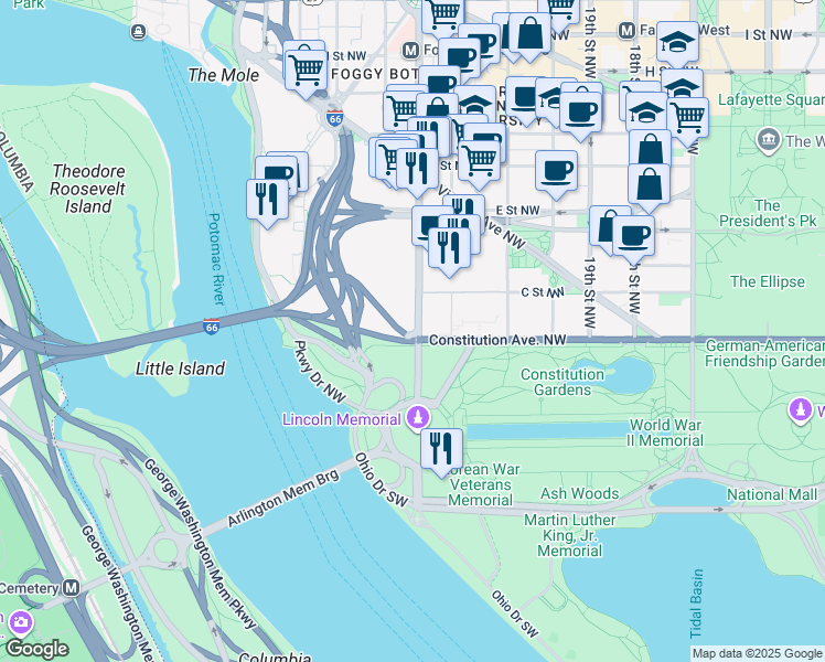 map of restaurants, bars, coffee shops, grocery stores, and more near 2299 Constitution Avenue Northwest in Washington