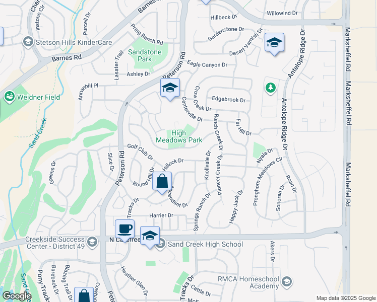 map of restaurants, bars, coffee shops, grocery stores, and more near 7115 Amber Ridge Drive in Colorado Springs