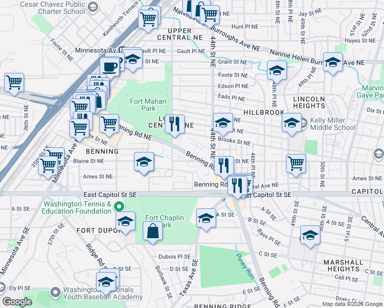 map of restaurants, bars, coffee shops, grocery stores, and more near 210 43rd Road Northeast in Washington