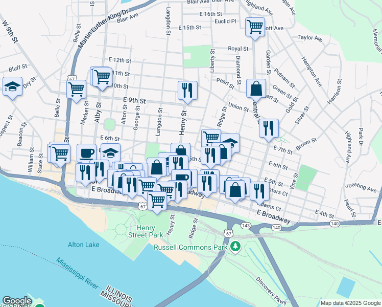 map of restaurants, bars, coffee shops, grocery stores, and more near 627 East 5th Street in Alton