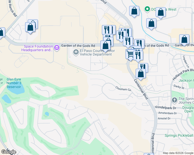 map of restaurants, bars, coffee shops, grocery stores, and more near 1545 Chutney Court in Colorado Springs