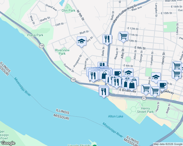 map of restaurants, bars, coffee shops, grocery stores, and more near 322 State Street in Alton