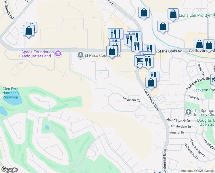 map of restaurants, bars, coffee shops, grocery stores, and more near 1513 Chutney Court in Colorado Springs