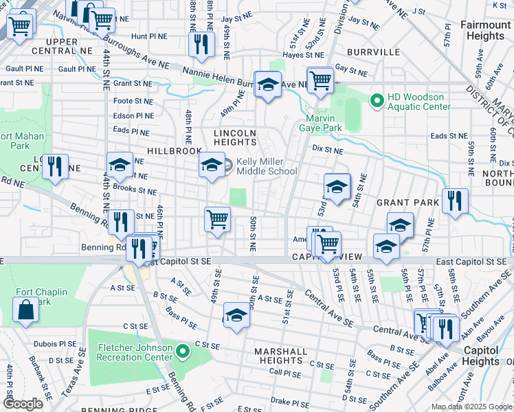 map of restaurants, bars, coffee shops, grocery stores, and more near 5004 Brooks Street Northeast in Washington