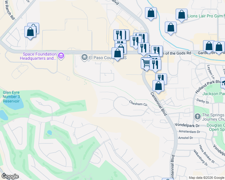 map of restaurants, bars, coffee shops, grocery stores, and more near 1513 Chutney Court in Colorado Springs