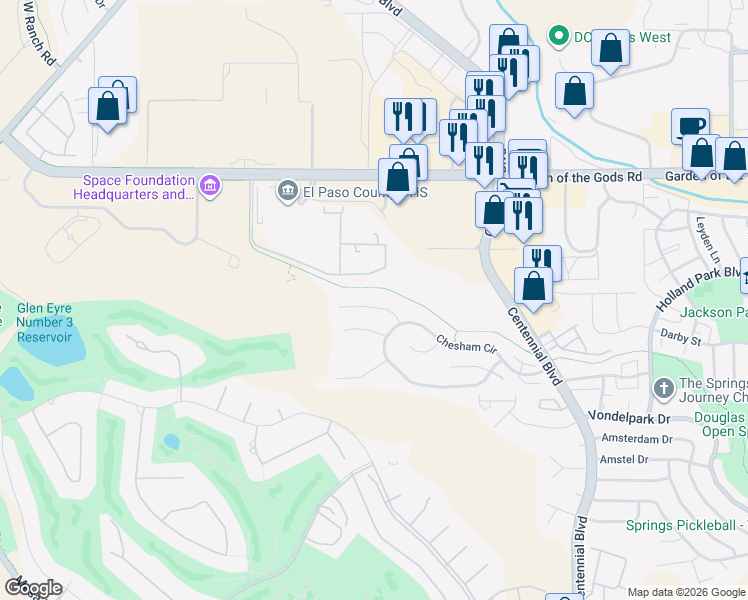 map of restaurants, bars, coffee shops, grocery stores, and more near 1513 Chutney Court in Colorado Springs