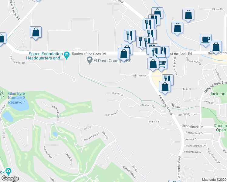 map of restaurants, bars, coffee shops, grocery stores, and more near 1545 Chutney Court in Colorado Springs