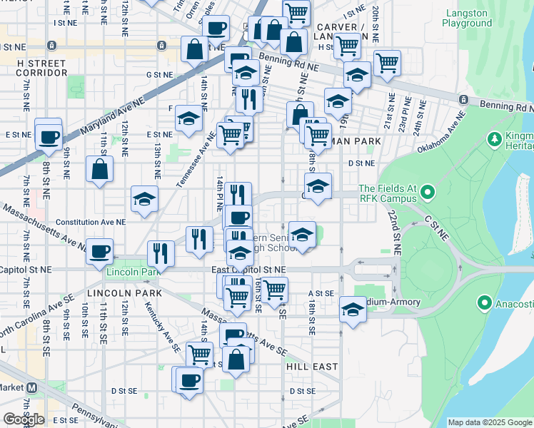 map of restaurants, bars, coffee shops, grocery stores, and more near 101 Independence Avenue Southeast in Washington