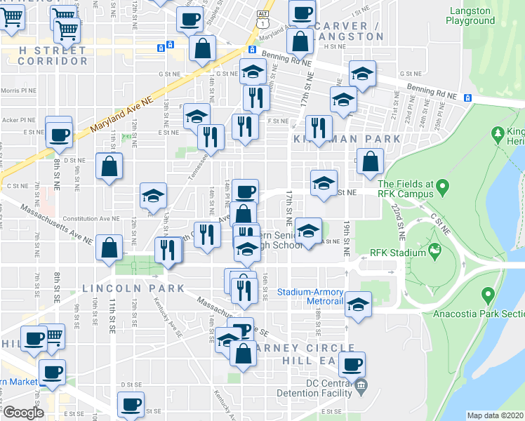 map of restaurants, bars, coffee shops, grocery stores, and more near 101 Independence Avenue Southeast in Washington