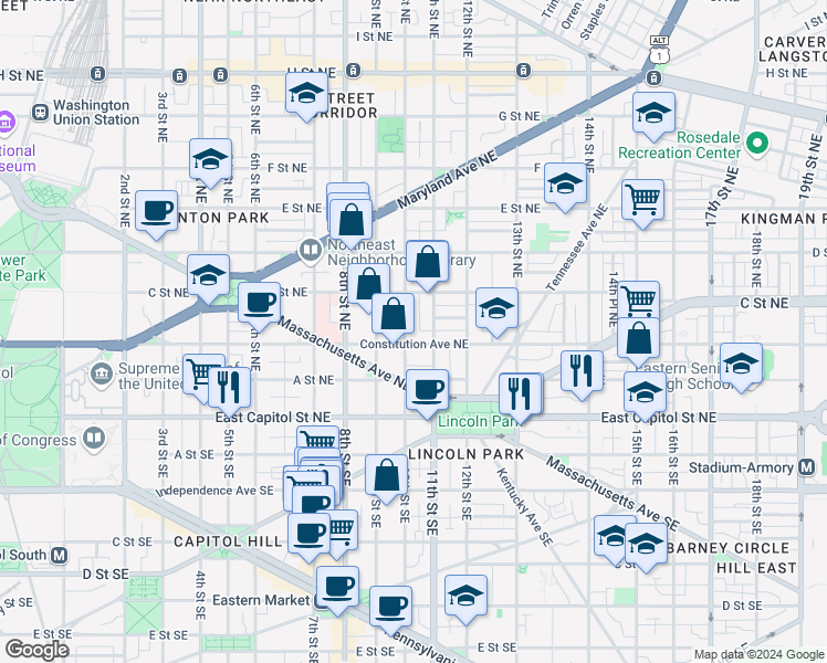 map of restaurants, bars, coffee shops, grocery stores, and more near 101 Independence Avenue Southeast in Washington