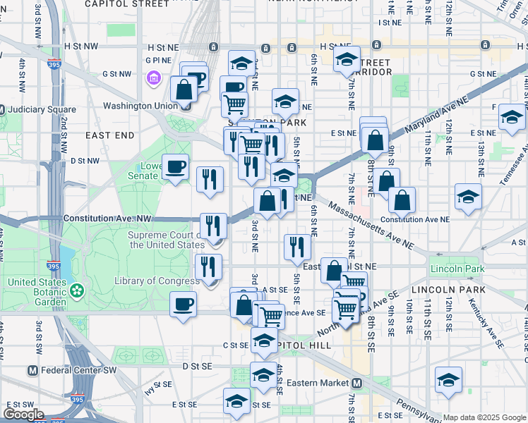 map of restaurants, bars, coffee shops, grocery stores, and more near 101 Independence Avenue Southeast in Washington