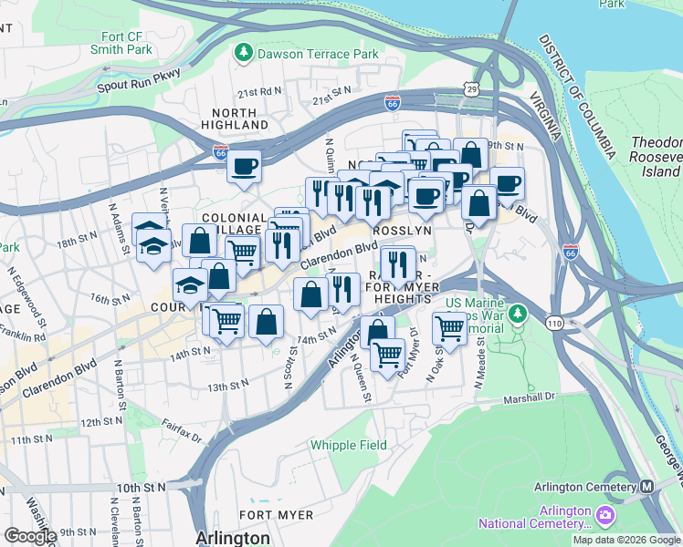map of restaurants, bars, coffee shops, grocery stores, and more near 101 Independence Avenue Southeast in Washington