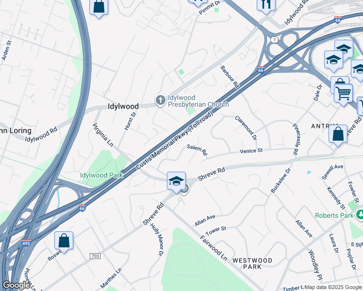 map of restaurants, bars, coffee shops, grocery stores, and more near 7516 Salem Road in Falls Church