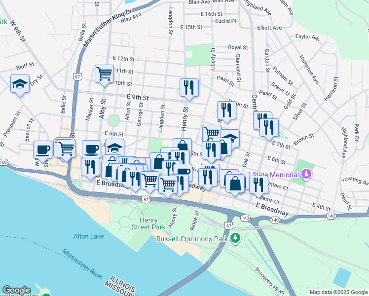 map of restaurants, bars, coffee shops, grocery stores, and more near 420 Henry Street in Alton
