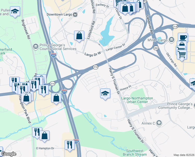 map of restaurants, bars, coffee shops, grocery stores, and more near 119 Capital Court in Largo